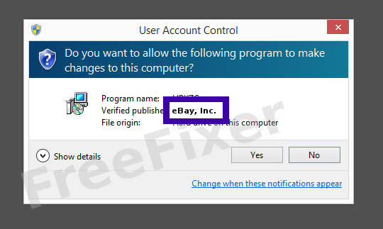 Screenshot where eBay, Inc. appears as the verified publisher in the UAC dialog